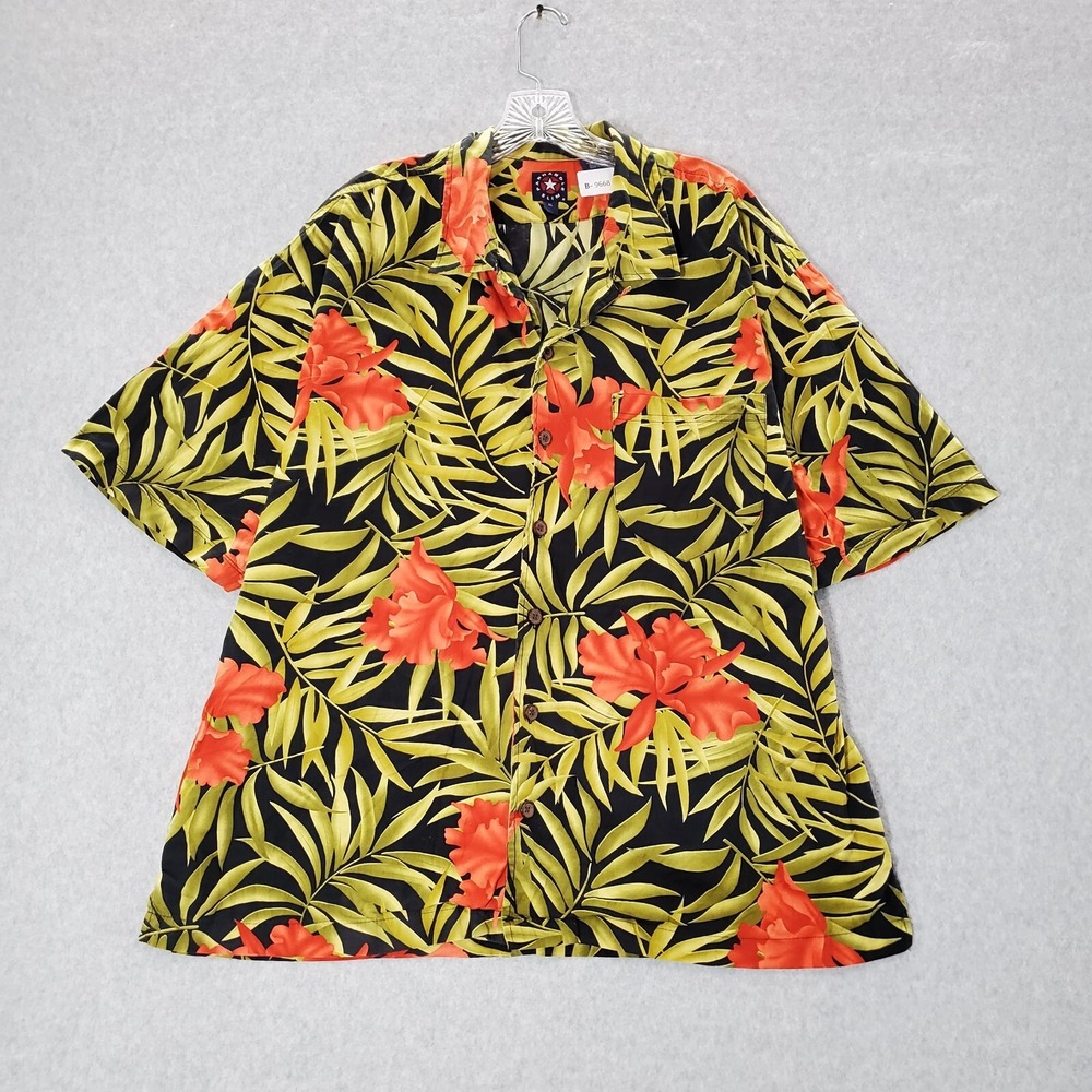 Panhandle Slim Men Button Up‎ Shirt XL Green Floral Leaf Print Hawaiian Collar